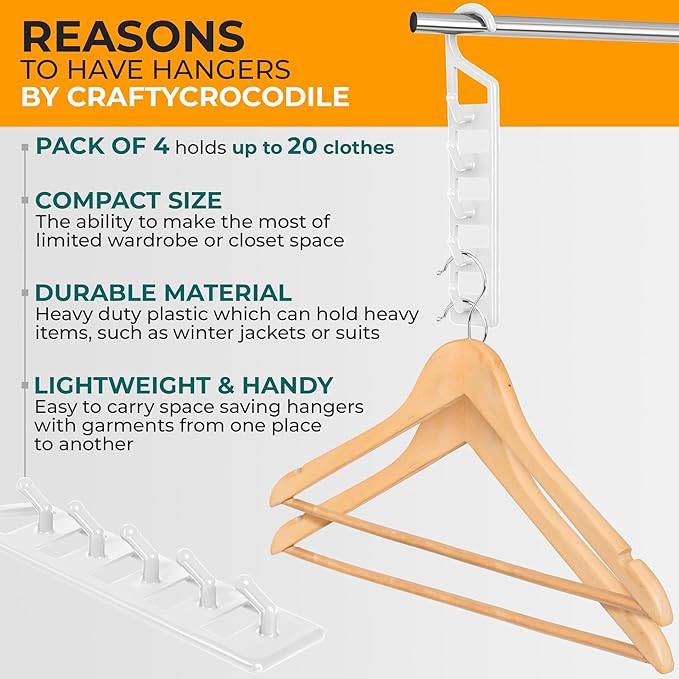 CraftyCrocodile Space Saving Hangers for Clothes - 4 in Pack, Heavy Duty Plastic, Multi Closet Space Savers for Shirts, Pants, Jeans, Sweaters - Hanger Organizer Space Saver, White