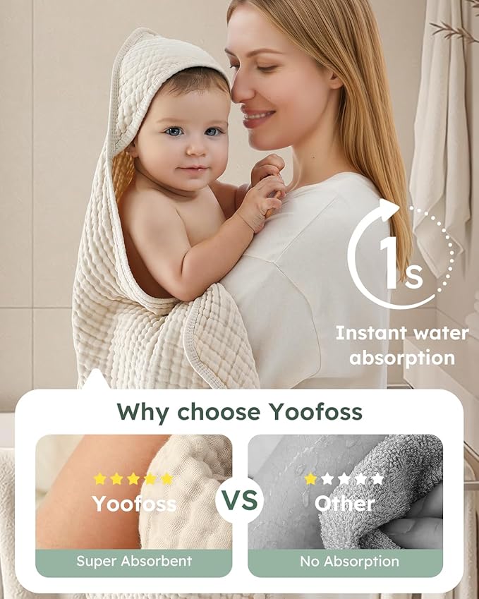 Yoofoss Hooded Baby Towels for Newborn 2 Pack 100% Muslin Organic Cotton Baby Bath Towel with Hood for Babies, Infant, Toddler and Kids, Large 32x32Inch, Soft and Absorbent Newborn Essential