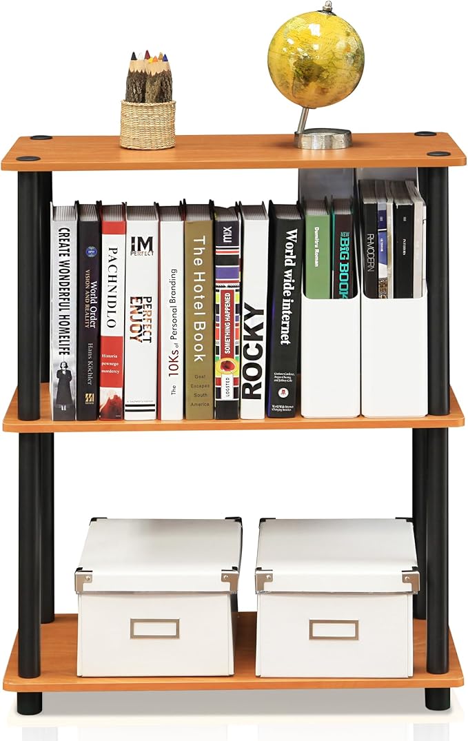 Furinno TURN-N-TUBE Storage Shelves, 3-Tier Book Shelf, Corner Shelf, Toolless Open Shelves, for Organization and Storage, Living Room, Garage, Home Office, Light Cherry