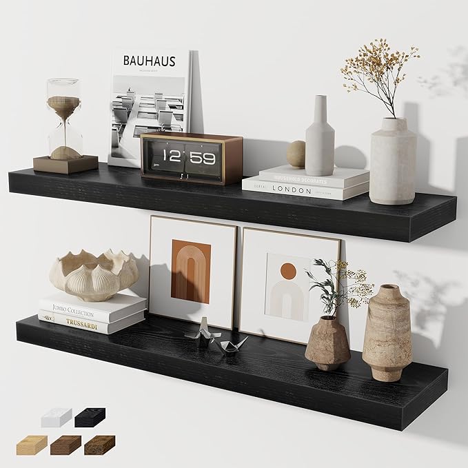 Fun Memories 36 Inch Floating Shelves, Wall Shelves Set of 2 for Bathroom/Living Room/Bedroom/Kitchen, Black Floating Shelf for Wall Decor with Invisible Brackets