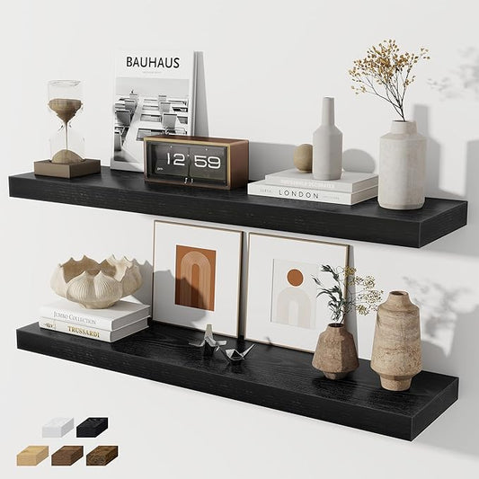 Fun Memories 36 Inch Floating Shelves, Wall Shelves Set of 2 for Bathroom/Living Room/Bedroom/Kitchen, Black Floating Shelf for Wall Decor with Invisible Brackets