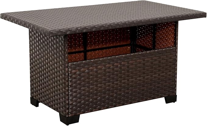 46 Inches Outdoor Coffee Table with Storage Wicker Patio Table Outdoor Dining Table with Glass Tabletop, Brown
