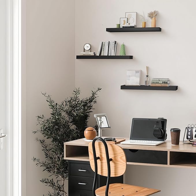 Colima Floating Shelves for Wall, Rustic Wood Wall Mounted Shelves for Bathroom, Toilet, Bedroom, Living Room, Kitchen, Office, Hanging Shelf for Books, Storage, Room Decor, Black, 24in, Set of 3