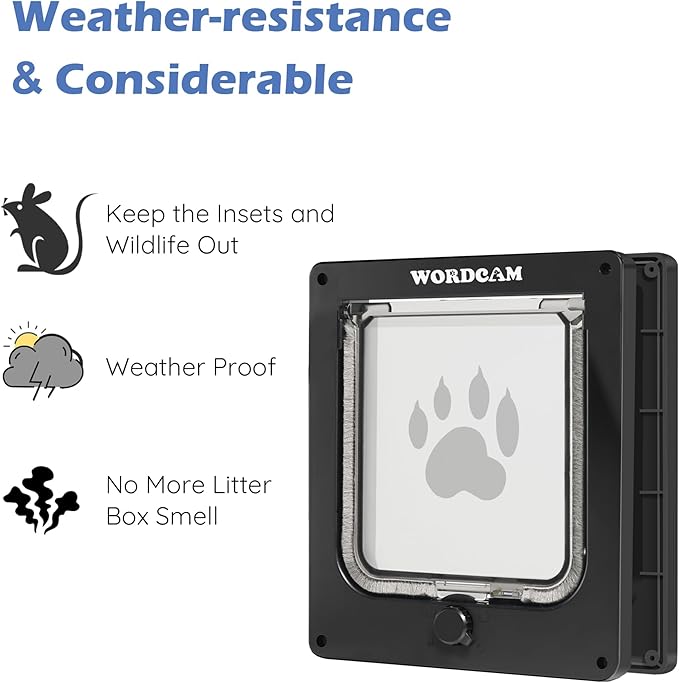 Wordcam Medium Cat Door Flap, 4 Way Locking Cat Door for Interior Exterior Doors, Pet Door for Cats Kitty Kittens Doggies, Robust, Weather-Resistant (Black, M)