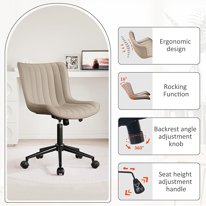 Kidol & Shellder Khaki Leather Home Office Desk Chair with Wheels Modern Cute Armless Executive Swivel Vanity Chair with Comfy Padded Back Ergonomic Rolling Adjustable Computer Task Chair Small