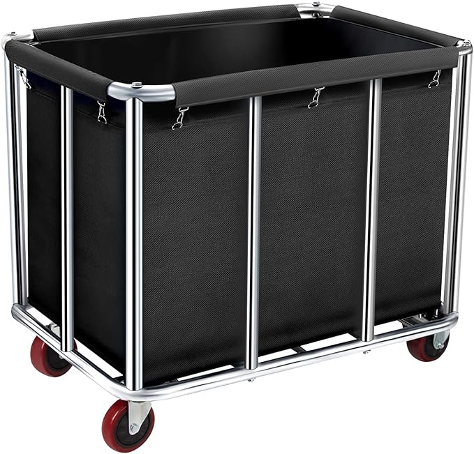 Commercial Laundry Cart on Wheels, 11.35 Bushels Large Roller with Removable Waterproof Canvas Lined Basket, Heavy Duty Stainless Steel for Hotels and Hospitals
