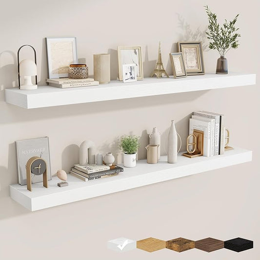 fuqing Floating Shelves for Wall, Wall Mounted Wood Floating Shelf with Invisible Brackets for Living Room, Bathroom, Bedroom, Kitchen Storage and Decor, 55 Inch Set of 2, White