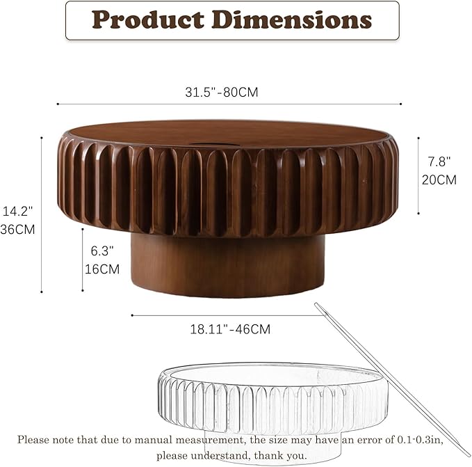 Round Coffee Table with Storage for Living Room, Wood Circle Drum Coffee Table Modern Fluted Center Table Accent Table for Home Office Apartment (Walnut 31.5'')