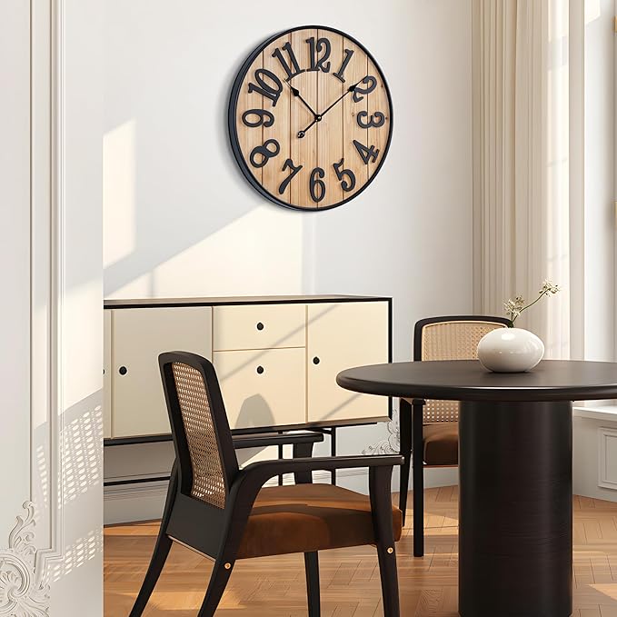 Large Wall Clock 20IN, Silent Metal Wood Style Wall Clocks Battery Operated for Living Room Decor, Farmhouse Big Wall Clock, Outdoor