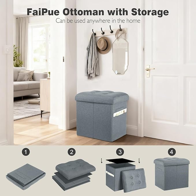 Ottoman with Storage, 61L Slim Tall Linen Footstool Bench with Thicker Foam Padded Seat. Ottoman Foot Rest for Living Room, Bedroom, Coffee Table. 350lbs Load Capacity, 17x13x17in, Light Gray