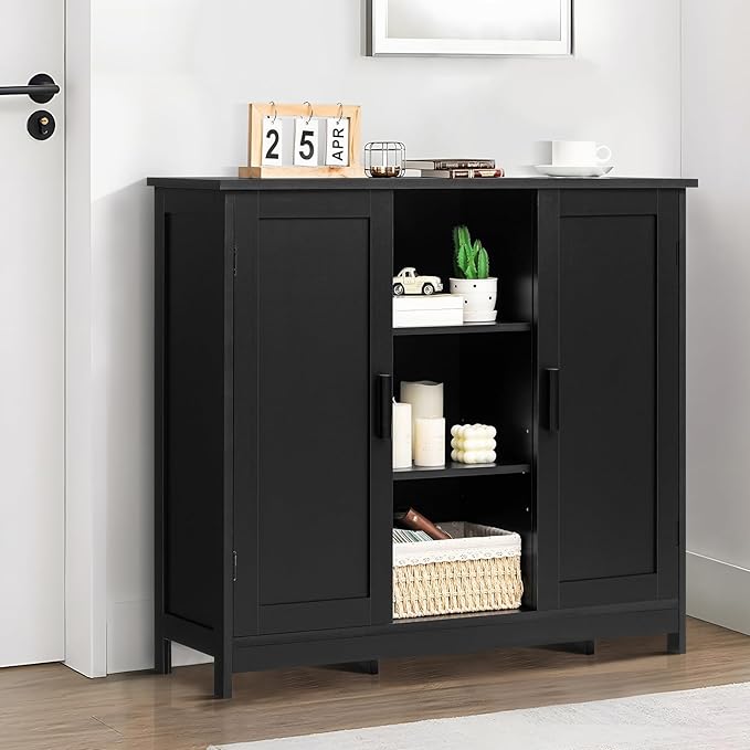 Iwell Storage Cabinet with 2 Doors and 4 Storage Shelves, Bathroom Cabinet, Cupboard for Living Room, Home Office, Entryway, Black