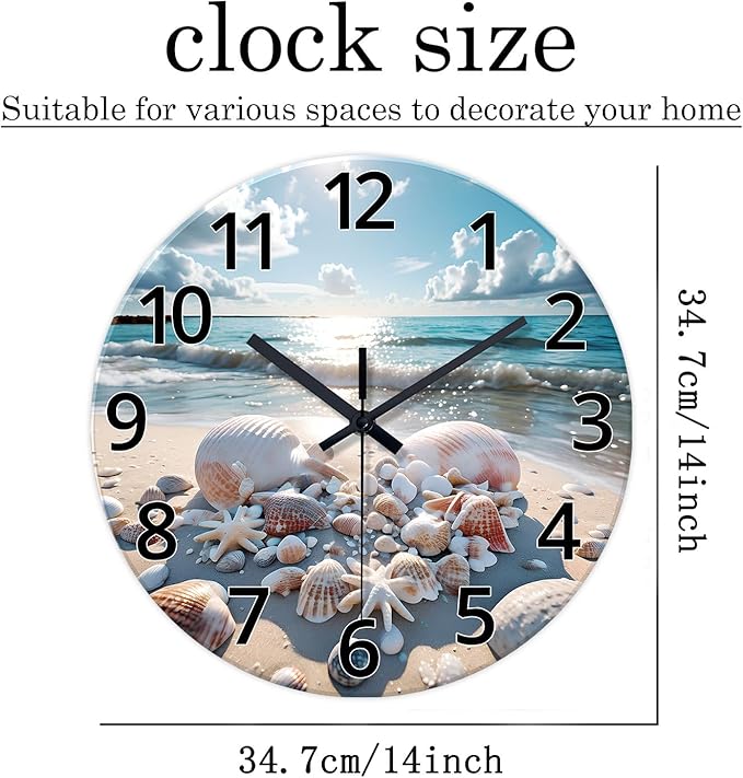 XNM Round Wall Clock Battery Operated 14 Inch Blue Beach Shell Analog Wall Clock for Kitchen Coastal Glass Clock Silent