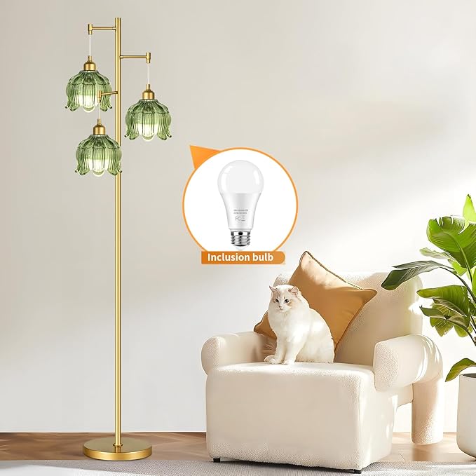 Vintage Floor Lamps for Living Room Bedroom-3 Light Gold Floor Lamp with Glass Lampshape, Flower Green Tall Lamp Mid Century Modern Standing Lamp Tree Floor Lamp for Bedroom Living Room Corner