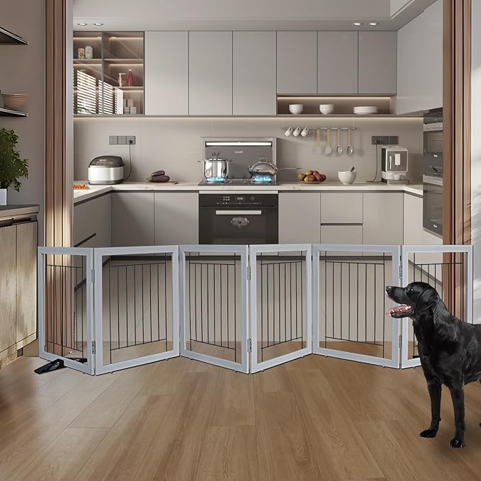 ZJSF Freestanding Dog Gate Indoor, Foldable Dog Fence for Doorways,Hallways or Stairs, Sturdy Wood Extra Wide Pet Gate with Support Feet,Grey,24 "Height-6 Panels