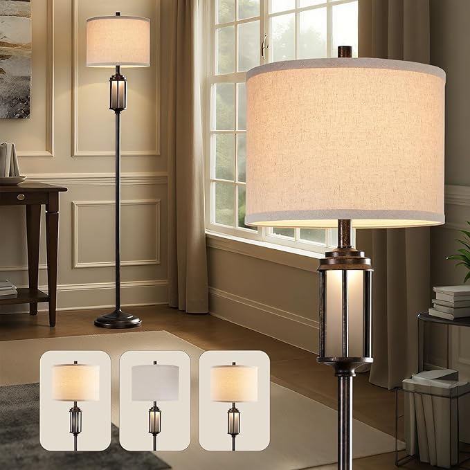 65'' Farmhouse Floor Lamp for Living Room with 2 Light Sources, Vintage Tall Standing Lamp with Frosted Acrylic Nightlight, Rustic Floor Light for Bedroom Office Corner, Bulbs Included