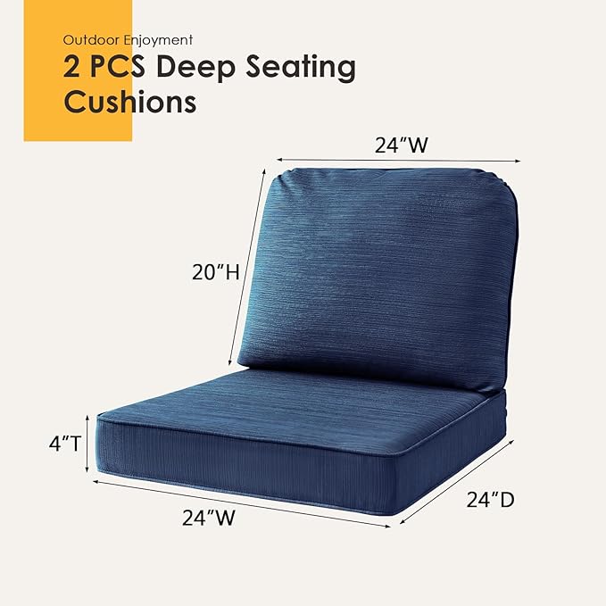 Outdoor Cushions for Patio Furniture Set of 2, 24"x24" Water Repellent Chair Cushions Removable Seat Bottom & Back Cushion Covers for Chair, Sofa, Couch, Navy