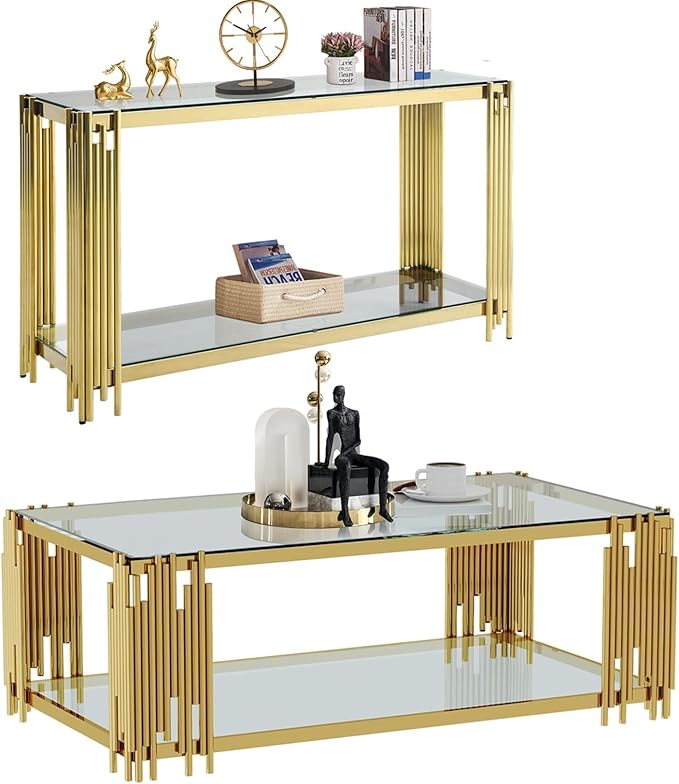 Glass Gold Coffee Table Set of 2,Modern Rectangle Coffee Table and Console Table w/Storage,Glass Coffee Table Set with Steel Frame,2 Pieces Living Room Table Set for Apartment Home Office