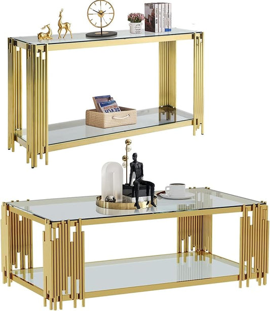 Glass Gold Coffee Table Set of 2,Modern Rectangle Coffee Table and Console Table w/Storage,Glass Coffee Table Set with Steel Frame,2 Pieces Living Room Table Set for Apartment Home Office