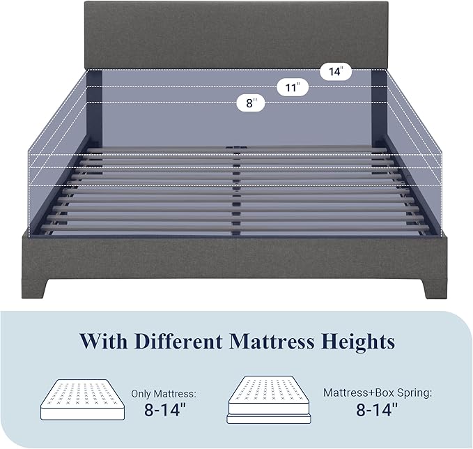 Allewie Full Size Bed Frame with Adjustable Headboard, Upholstered Platform Bed with Wood Slats, Heavy Duty Mattress Foundation, No Box Spring Needed, Noise-Free, Easy Assembly, Dark Grey