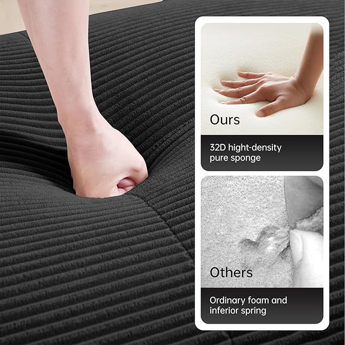 80" Modern Corduroy Boneless Love Seat Couches, 2 Seater Large Sectional Couches for Living Room, Black Cloud Modular Sectional Sofa, Memory Foam, Extra Deep Loveseat, No Assembly