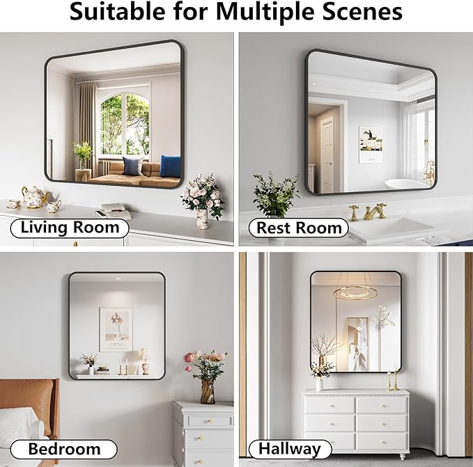 Koonmi Bathroom Mirror, 36X40 Brushed Black Rectangle Wall Mirror, HD Tempered Glass, Anti-Rust Frame Vanity Mirror, Rounded Rectangle Mirror for Restroom, Bedroom, Hangs Horizontal or Vertical