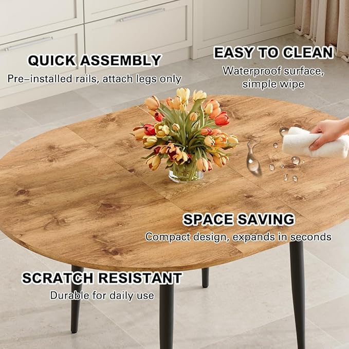 42" Round Dining Table for 4, 54" Oval Dining Table for 6, Extendable Kitchen & Dining Room Table with Metal Legs, Modern Rustic Space-Saving Adjustable Shape Dinner Table, Easy Assembly,White