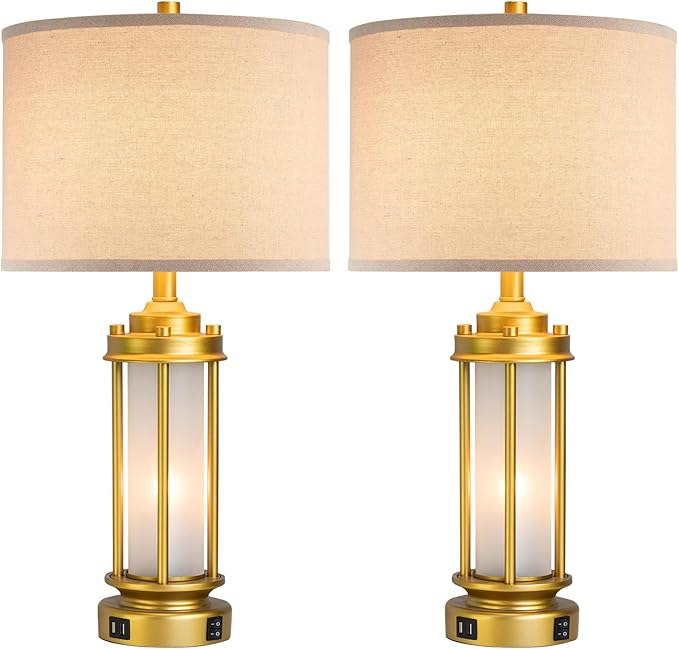 Set of 2 Modern Table Lamps for Living Room, Farmhouse Vintage Bedside Lamp with 2 USB Ports Glass Nightlight, Gold Nightstand Desk Lamps for Entryway Bedroom Dresser, 4 Bulbs Included