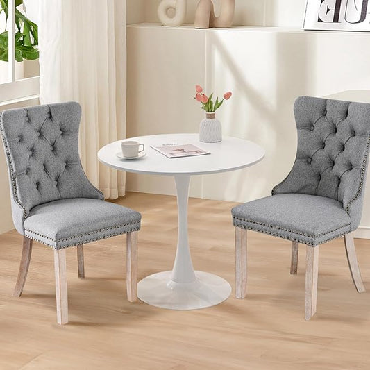 SoarFlash Kitchen Table and Chairs for 2, 31.5" Dining Table Set for 2 with Linen Upholstered Chairs, 3 Piece Round Kitchen Table Set, Dining Room Table Set for Small Space, Apartment, Grey/White