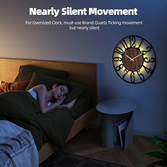 30 Inch Large Metal Wall Clock with Voice and Light Sensor Night Light, Glow in The Dark Non-Ticking Silent Battery Operated Decorative Oversized Wall Clock for Bedroom Living Room Decor