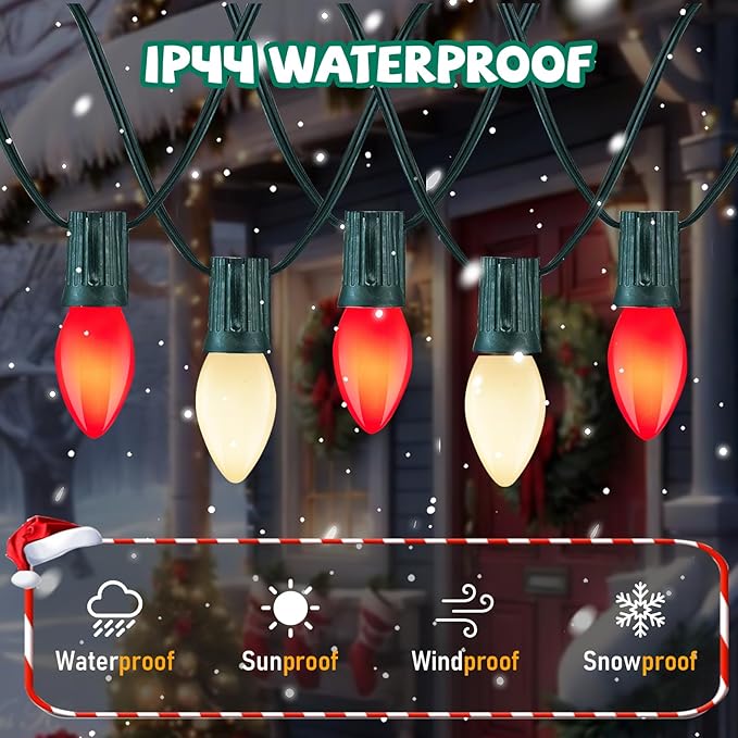 C7 LED Red and White Christmas Lights,25ft Outdoor String Lights with 27 Red White LED Bulbs(2 Spare),Connectable Outside Christmas Lights for Xmas Tree Party Roof Decoration,Green Wire