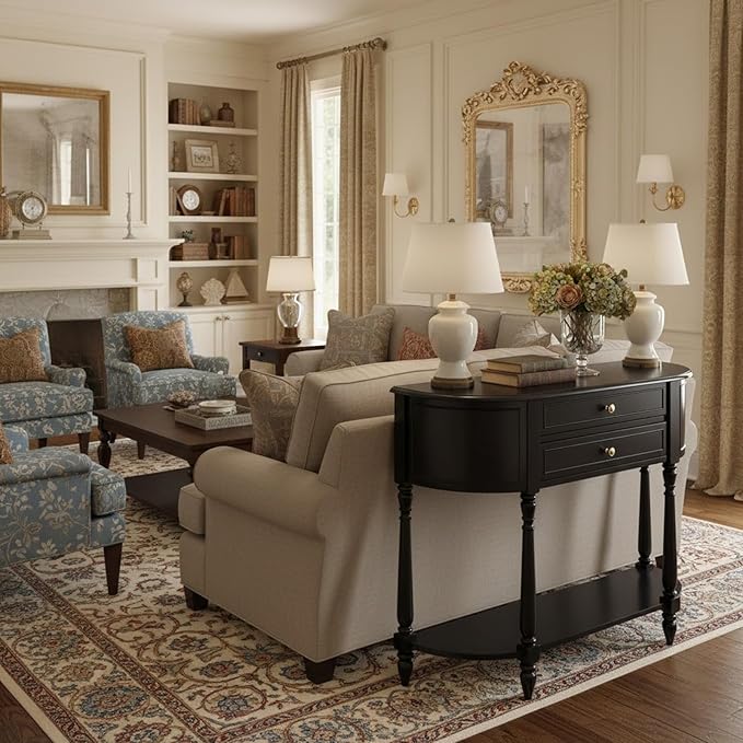 White Entryway Table Narrow, Half Moon Console Table with Two Drawers, Solid Wood Mid Century Modern Console Table with Adjustable Legs for Living Room, Foyer, or Hallway