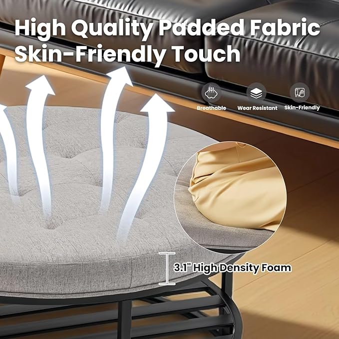 Ottoman Coffee Table with Upholstered Tufted Linen Fabric, Round Center Table with Storage Large Footrest Ottoman for Living Room Gray