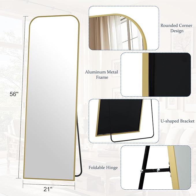 Full Length Mirror 56"x21" Arched Floor Standing Large Mirrors Full Body Mirror with Stand - with Aluminum Frame for Bedroom Living Room, Gold