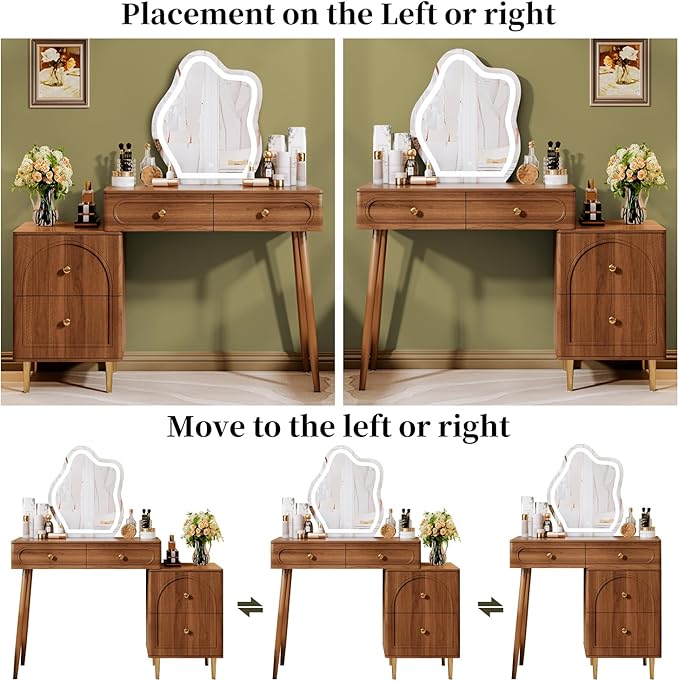 Walnut Stylish Corner Makeup Vanity Table，Vanity Desk with Lighted Mirror and 4 Spacious Drawers,Bedroom Essential Dressing Table with Nightstand，Modern Minimalist Writing Desk for Girls