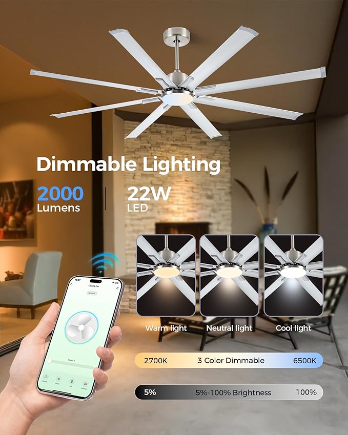 72In Brushed Nickel Aluminum Ceiling Fan with Light,Smart ceiling fan with Alexa and APP(via WIFI),6 Speed,3CCT,Quiet DC Outdoor Indoor fan for patio and Living Room