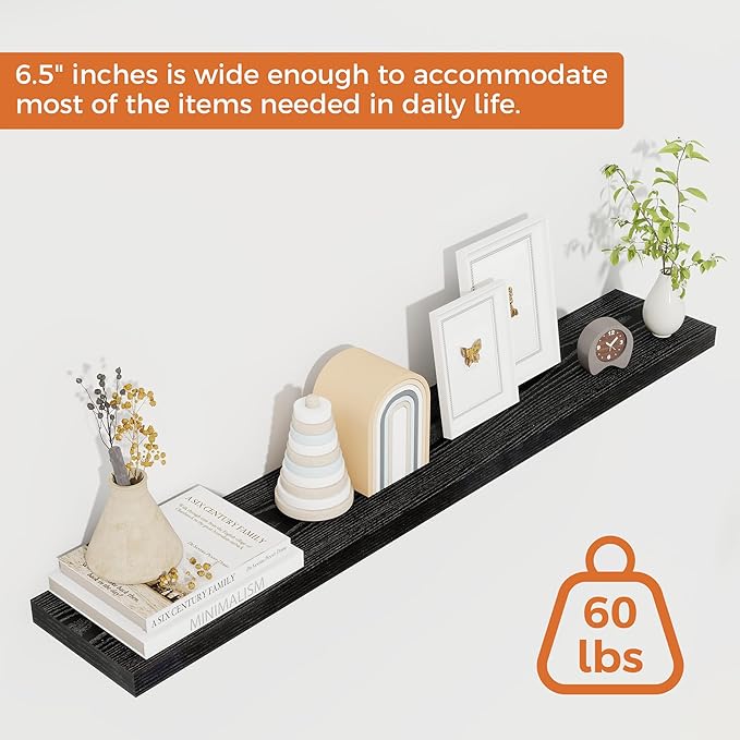 Fun Memories Floating Shelves for Wall, 40 Inch Floating Shelves for Home Decor, Wall Mounted Rustic Wood Shelves, Bathroom, Hanging Deep Shelf for Bedroom, Living Room, Kitchen (Black, Set of 2)