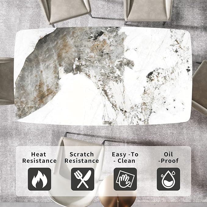 Modern Rectangle Marble Dining Table,63" Antique White Marble Sintered Stone Top Dining Table,Rectangle Dining Room Table with X-Shape Carbon Steel Pedestal Table for Kitchen/Living Room(Table Only)