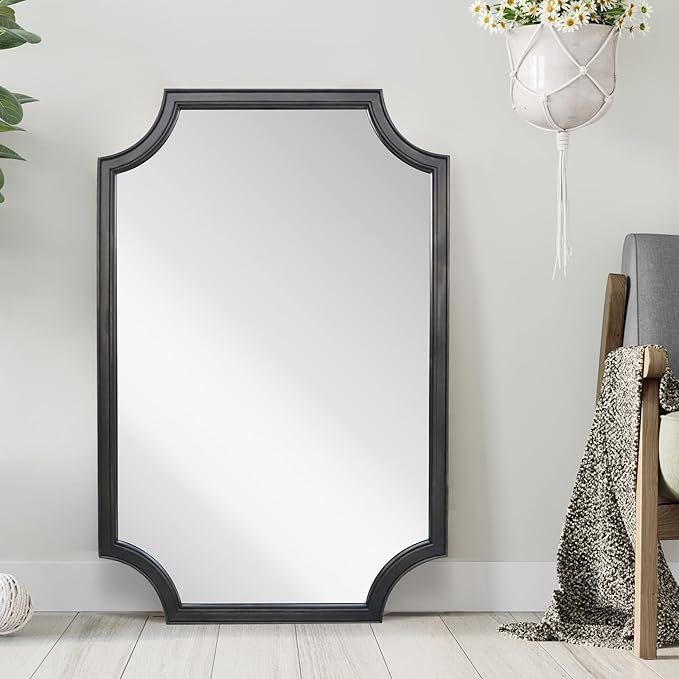WallBeyond 24" x 36" Full Scalloped Corners Arch Rectangle Wall Mirror with Wood Frame for Entryway, Living Room or Bedroom Home Decor - Light Woodgrain [24" x 36" Black]