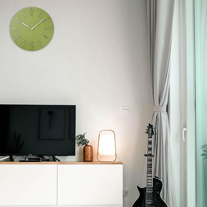 Wall Clock, Silent Clock, Wall Clocks Battery Operated， 12 inch Modern Wall Clock, Suitable for Offices, Living Rooms, Kitchens, Homes, Schools (Yellow Green Without Second Hand)