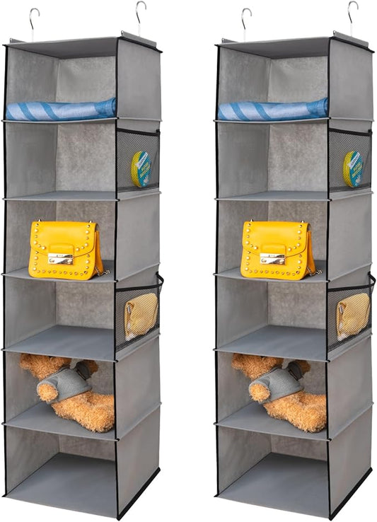 6 Shelves Hanging Closet Organizer, 2 Pack Hanging Storage with 4 Side Pockets for Clothes Shoes, 43.5"x12"x12"(Grey)
