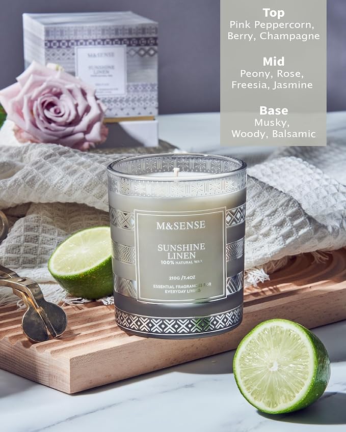 M&SENSE Sunshine Linen Scented Candles, 7.4oz 45 Hour Long Lasting Highly Scented Candles Home Decor, All-Natural Soy Wax Luxury Candle Christmas Thanksgiving Halloween Gifts