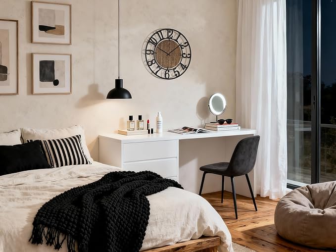 Large Wall Clocks, 16" Black Decorative Wall Clock for Living Room by Battery Operated, Oversized Farmhouse Silent Walls Clock with Metal Arabic Number for Office, Classroom, Bedroom