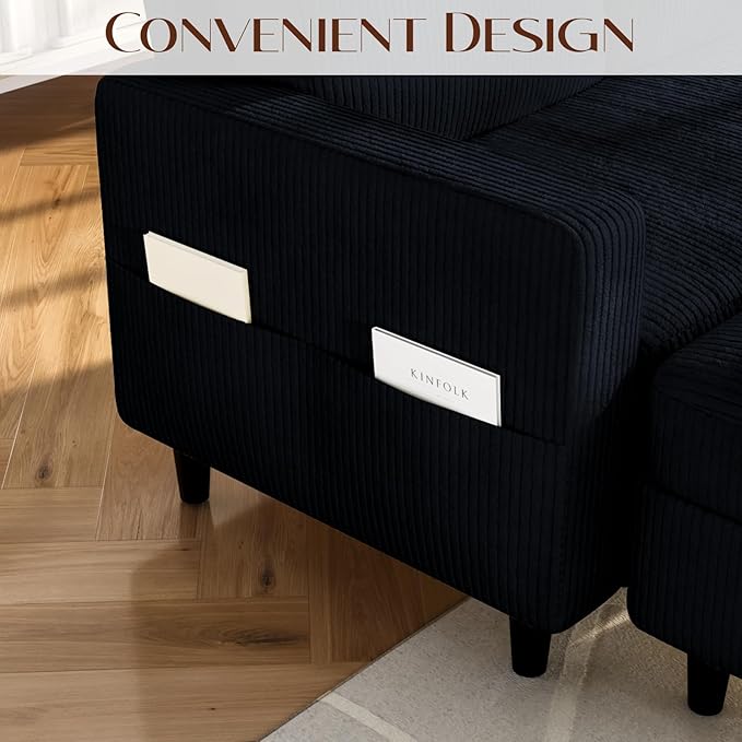 Sectional Couches for Living Room, L Shaped Couch with Storage Ottoman, Small Sofa Corduroy Couch with Side Pockets, Modern 3 Seater Convertible Sofa for Apartment, Office, Black