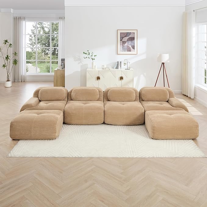 152" Modern Corduroy Cloud Sofa with Ottoman, U Shaped Boneless Modular Large Sectional Couches for Living Room, Camel 4 Seater Compressed Memory Foam Couch, Extra Deep Seat, No Assembly