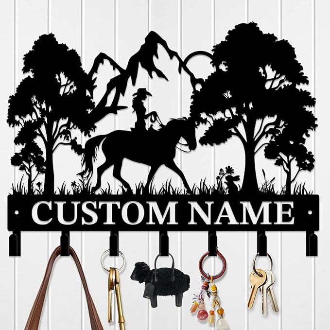 Custom Horse Key Hook - Personalized Forged Iron Wall Keys Holder with Equestrian Design, Black Metal Home Decor for Horse Theme Lovers (Style A)