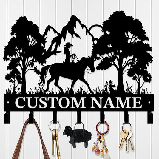 Custom Horse Key Hook - Personalized Forged Iron Wall Keys Holder with Equestrian Design, Black Metal Home Decor for Horse Theme Lovers (Style A)