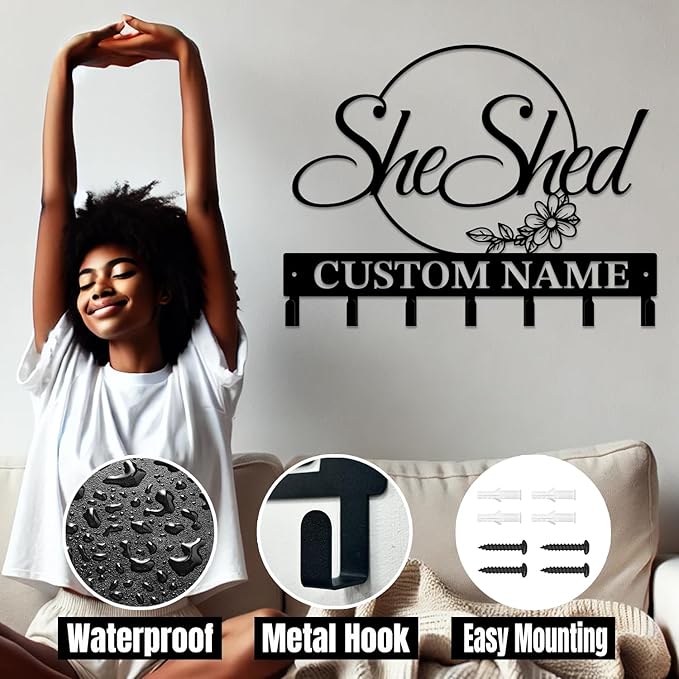 Personalized She Shed Keys Hooks,Custom Name Metal She Shed Art Keys Hooks,Metal She Shed Lover Wall Home Storage Decorative Keys Hooks,Key Holder Hooks for Wall (Style G)