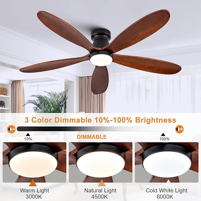 52 Inch Ceiling Fans with Lights and Remote, Low Profile Flush Mount Modern Wood Ceiling Fan with Light, 5 Blades, Dimmable, Wall Switch, Indoor Outdoor Black Ceiling Fan for Bedroom