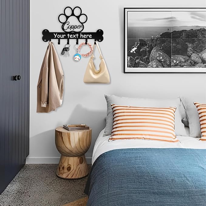 Personalized Dog Leash and Key Holder for Wall - Custom Name Metal Wall Mount With Hooks, Storage Organizer, Key Rack Decor - Gifts for Dog Lovers, Entryway, Farmhouse