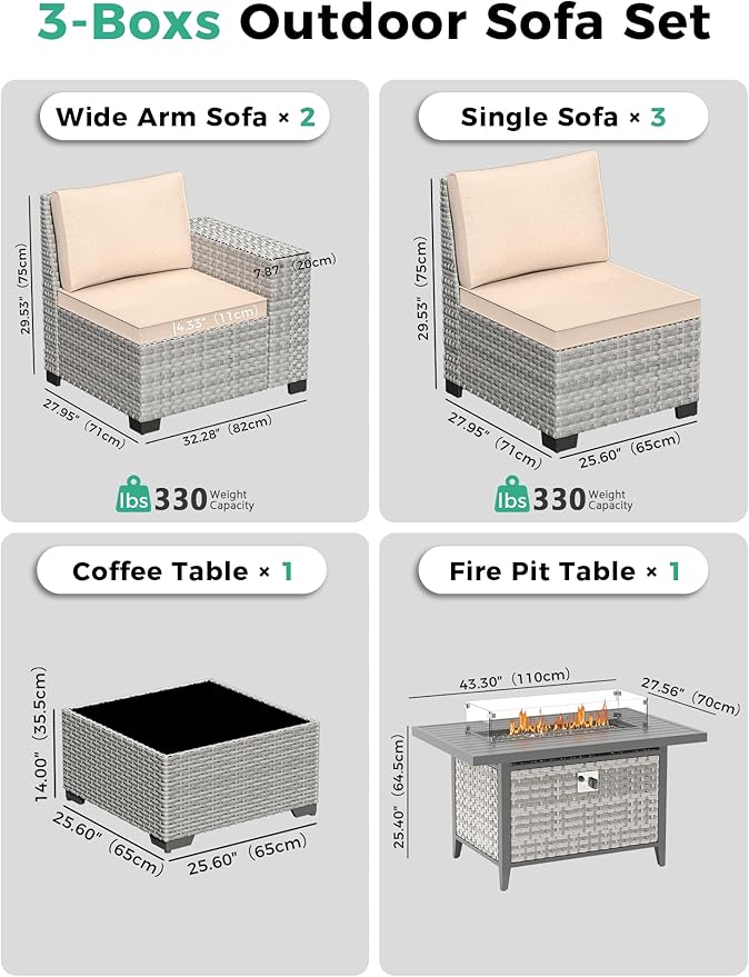 7 Piece Outdoor Wicker Rattan Sectional Sofa Set with Fire Pit Table, 5-Seats Conversation Set with 4" Thickened Cushions & Coffee Table, All-Weather PE Rattan for Garden, Backyard, Porch, Beige